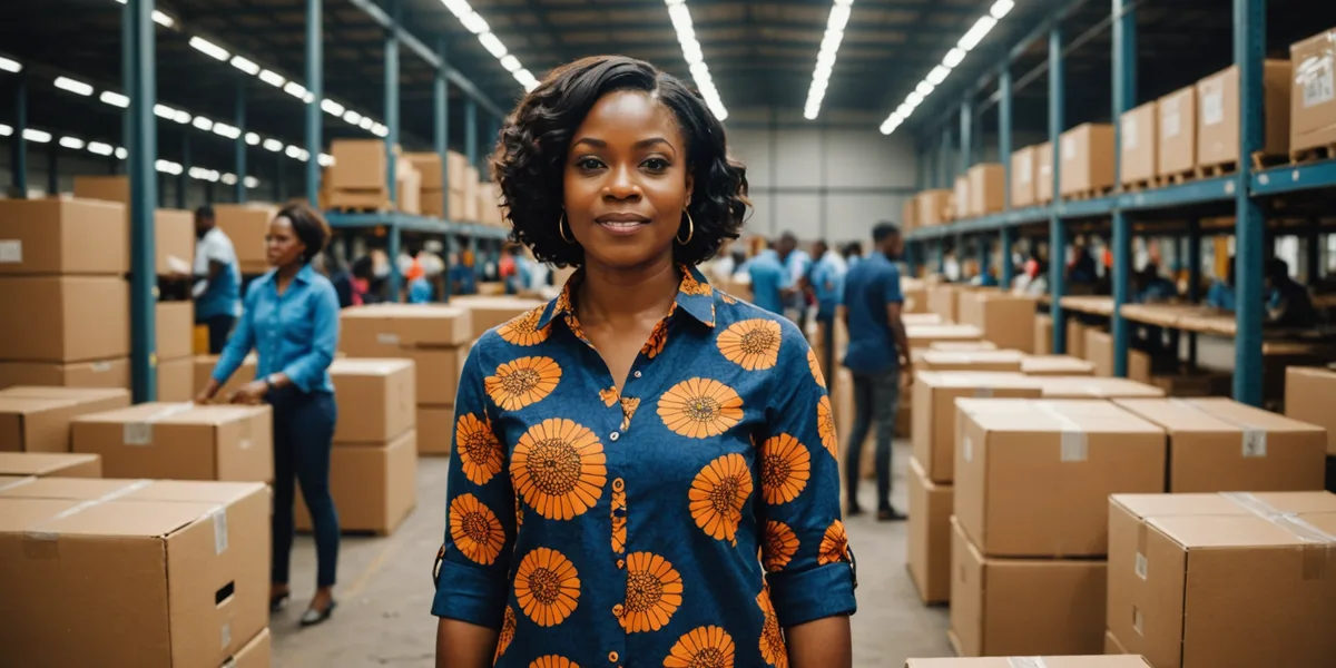 Nigerian exporter overseeing garment packing for international shipment in Lagos warehouse